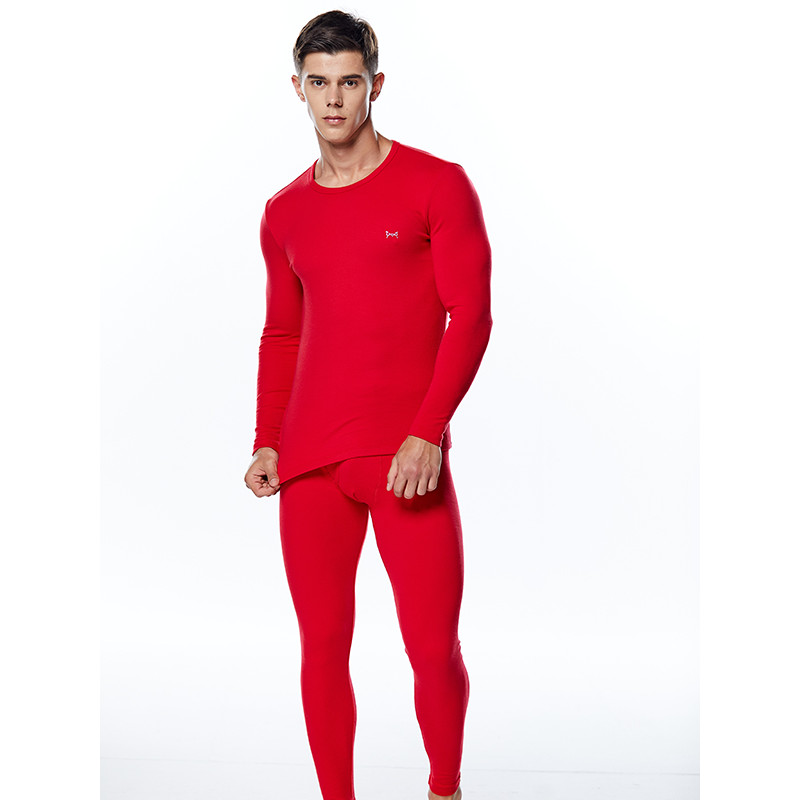 猫人 男款圆领保暖内衣薄款修身长绒棉毛衫秋衣秋裤套装 XXL 红色