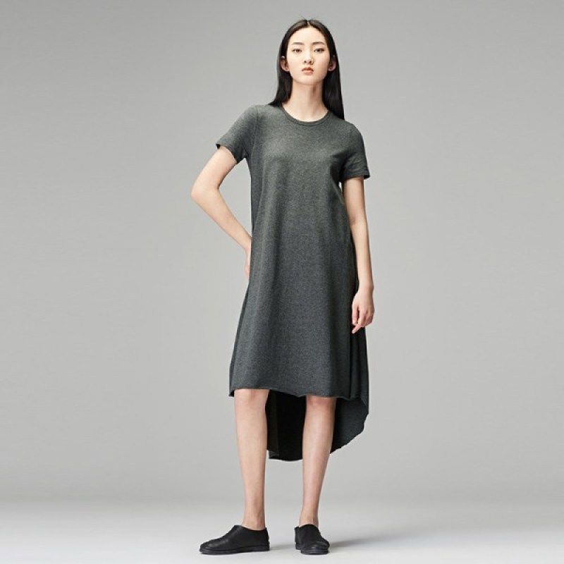 sdeer圣迪奥2018秋装简约圆领短袖A字前短后长连衣裙女 深灰/97 XL