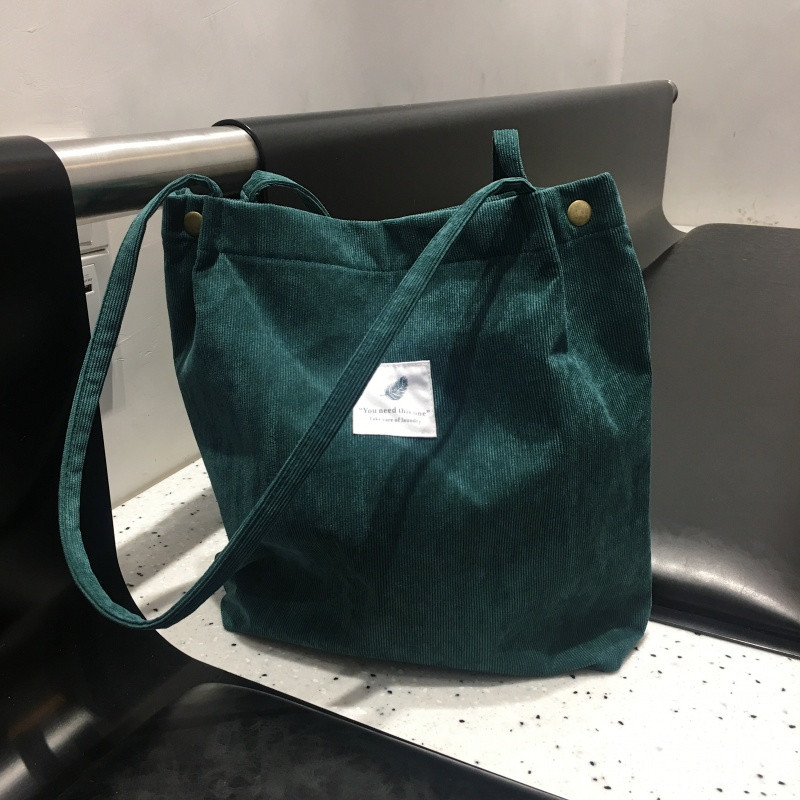 韩版慵懒风小清新复古灯芯绒女单肩包文艺森系chic手提袋帆布包_2 灯芯绒单肩包墨绿