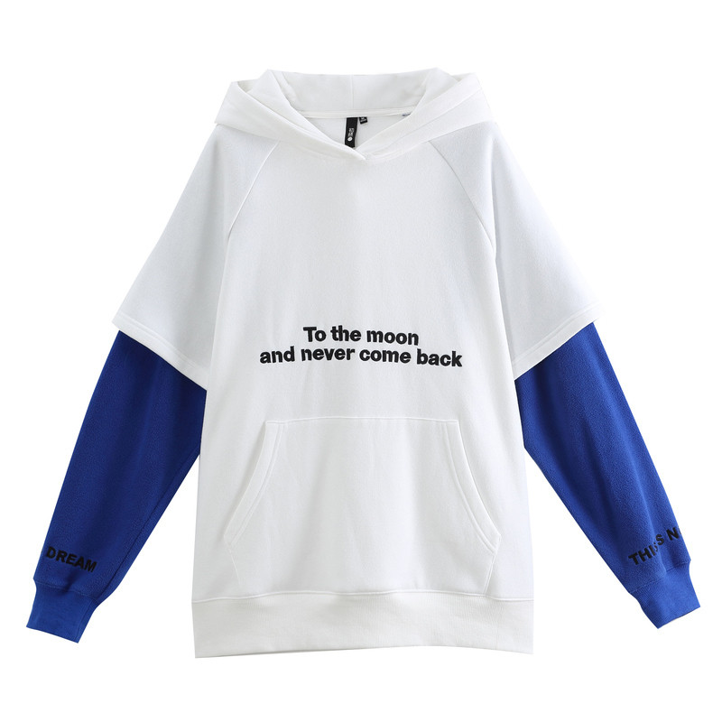 初语卫衣女中长2018冬装新款潮流假两件插件袖印花连帽套头外套_1 XL 白色