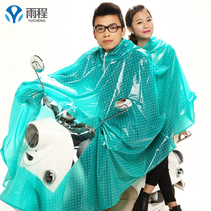 时尚双人雨衣电动车母子摩托车自行车双人透明加大加厚雨披_5 双人小帽檐露镜绿色圆点