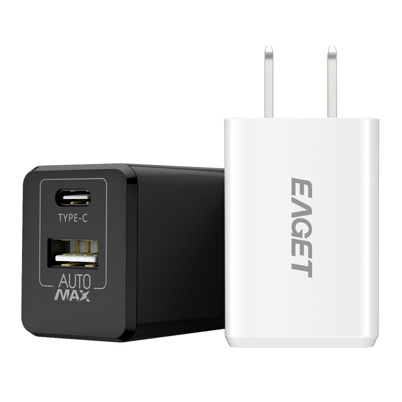 苹果双USB充电器2.4A充电头type-CPD快充iPhone6/6s/7/8plus USB+type-C充电头-黑色