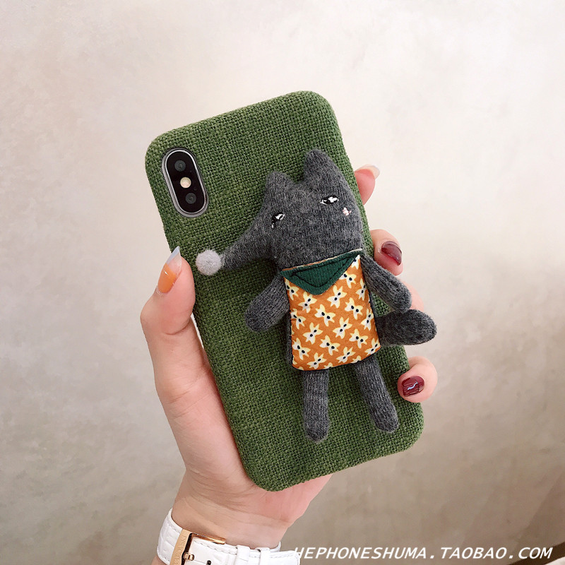 韩风立体布艺小狐狸公仔6splus苹果x手机壳iPhone7/8plus棉麻软壳_1 6/6s绿色棉麻小狐狸