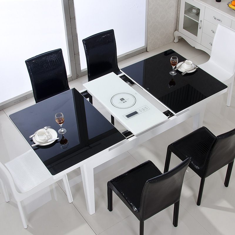 钢化玻璃实木餐桌伸缩餐桌椅组合长方形小餐桌电磁炉大小户型简约_399_79 小款普通桌+4皮椅