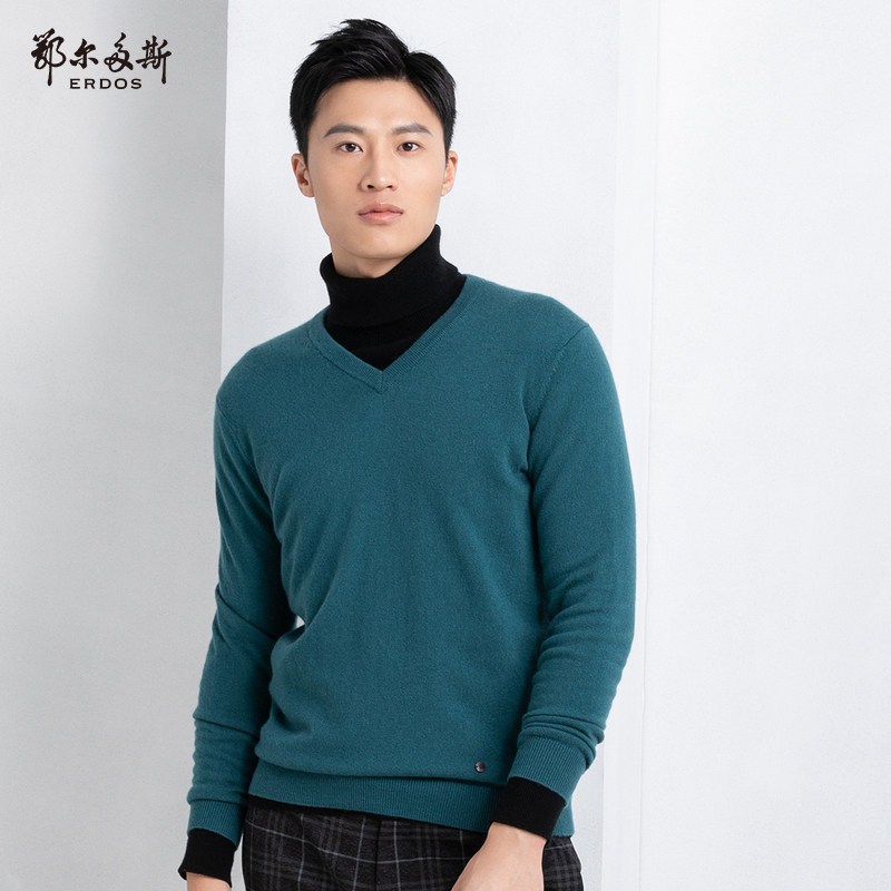 鄂尔多斯18早秋绅士时尚V领男套衫Q176W4015 115 深绿