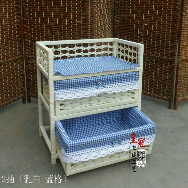 藤编收纳柜子床头柜实木储物柜衣柜床头柜简约现代小柜子简易迷你 整装_乳白2抽+蓝格
