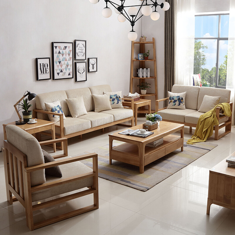 欧宝美北欧实木沙发组合布艺沙发简约现代小户型家用沙发3+2+1组合原木色 3+2+1+大茶几套装