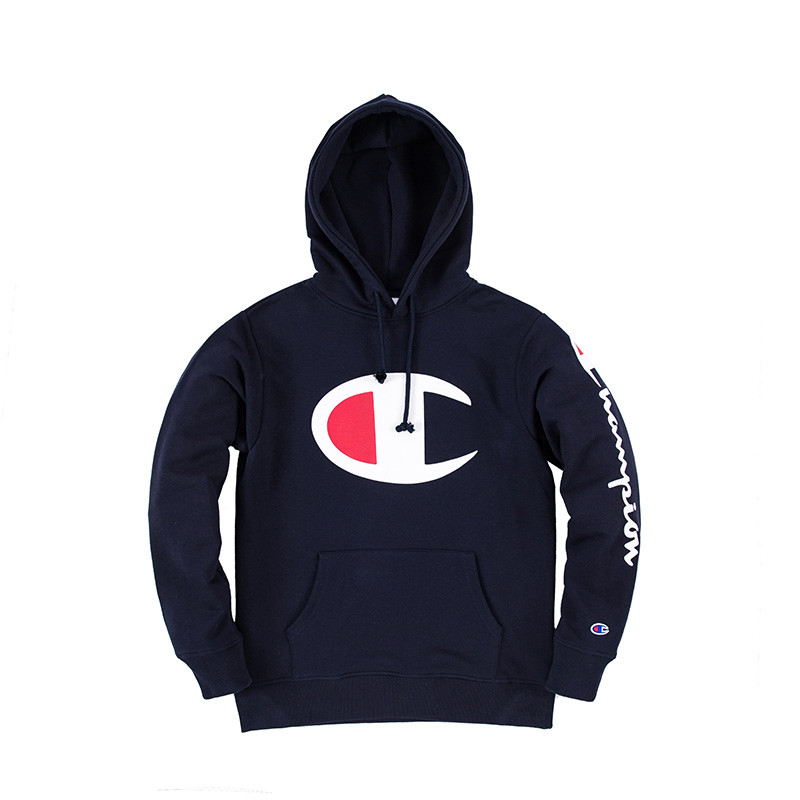Champion冠军 男女同款连帽卫衣 大C袖臂logo C3-B346 深蓝色 S S 黑色