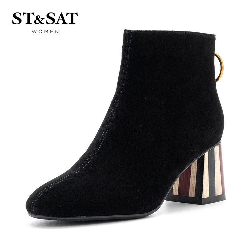 St&Sat/星期六冬新款舒适圆头粗跟高跟短靴女SS84116664 黑色（羊反绒） 39码