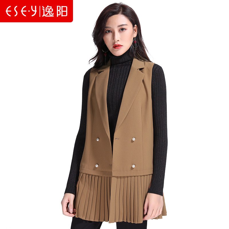 2018秋季新款中长款双排扣百褶裙上衣欧美休闲马甲女0130 S 摩卡棕