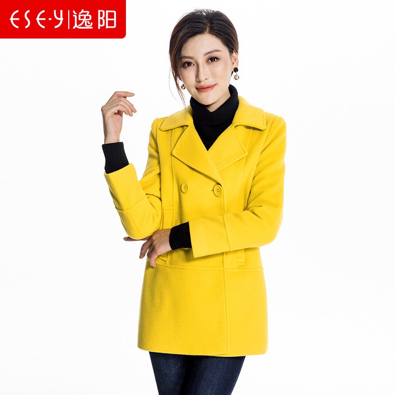 女装中长款羊毛呢子大衣两粒扣长袖上衣外套1185 2XL 黄色