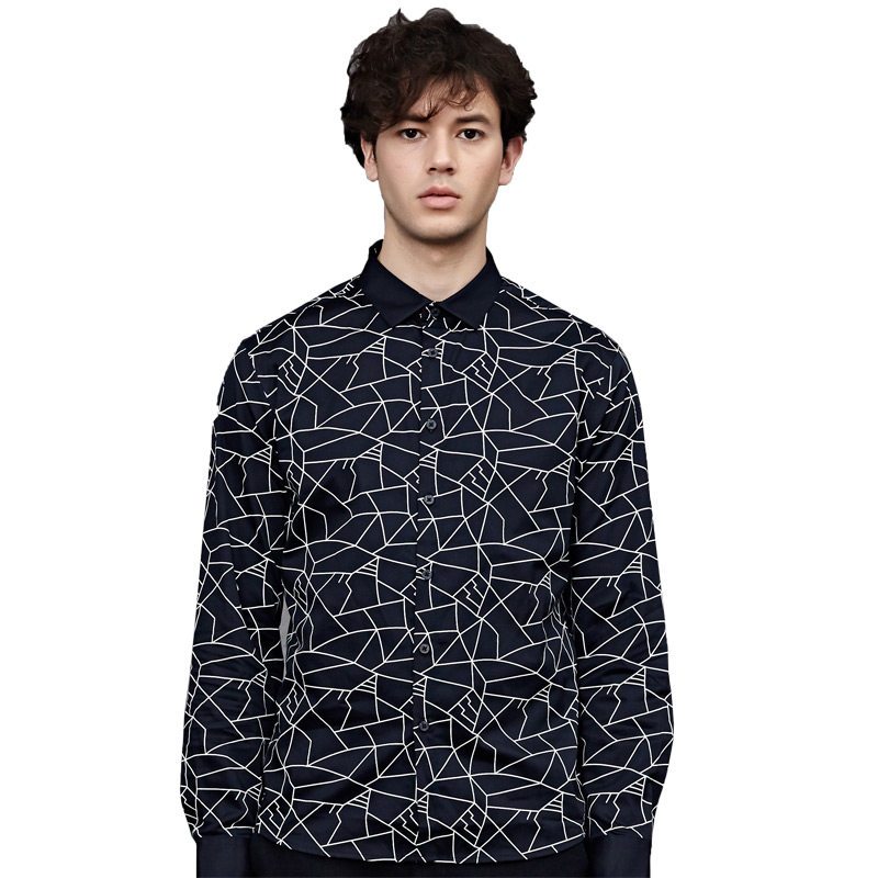 清仓特卖/与狼共舞长袖衬衫春季新款男装纯棉印花休闲男士衬衣Z_1 165/84A 112中蓝