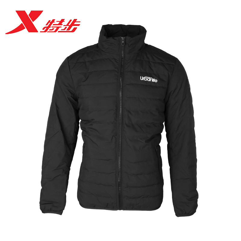 特步男子运动羽绒服2018冬款保暖立领黑色休闲外套男982429190844 3XL 黑色