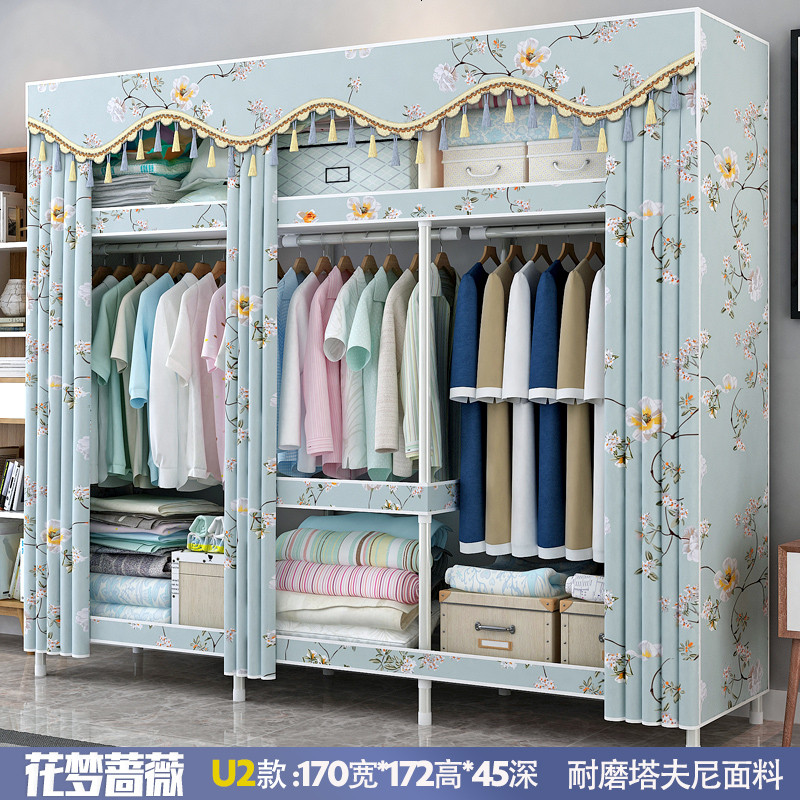 布衣柜钢架加粗加固加厚组装双人简易布艺租房衣柜家用经济型衣橱_107_601 U2花梦蔷薇