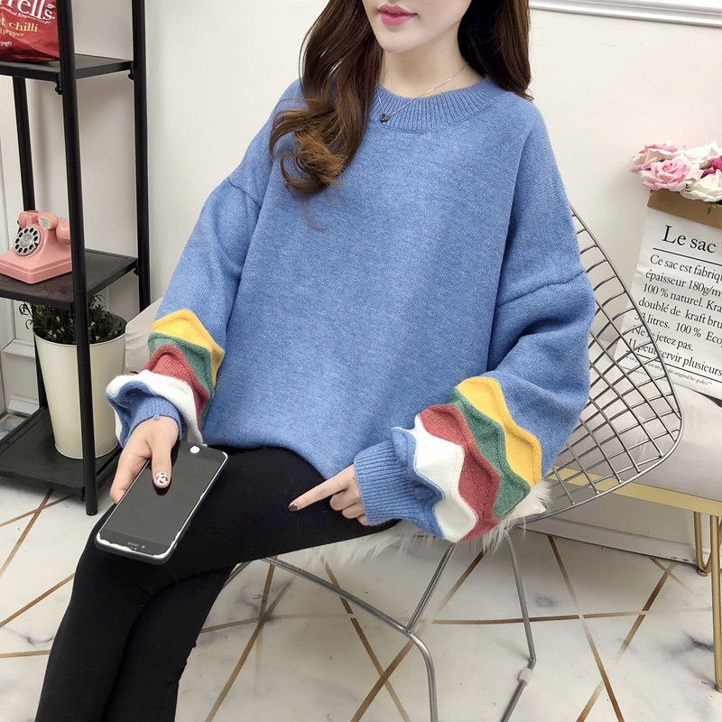 孕妇冬装针织宽松毛衣中长款春秋2018新款秋季潮妈大码胖妹妹毛衣 均码 蓝色