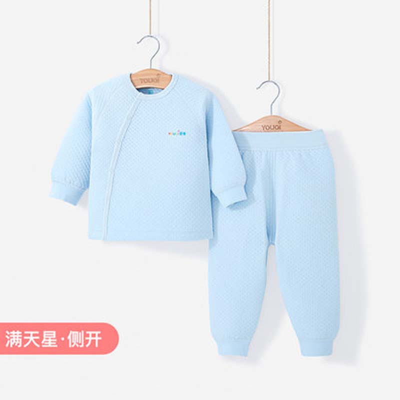 婴儿秋冬季套装加厚保暖小清新宝宝女内衣0-1岁衣服新生幼儿童简约家居服 66cm(80码【推荐身高76cm-84cm】) 点点【斜开】蓝