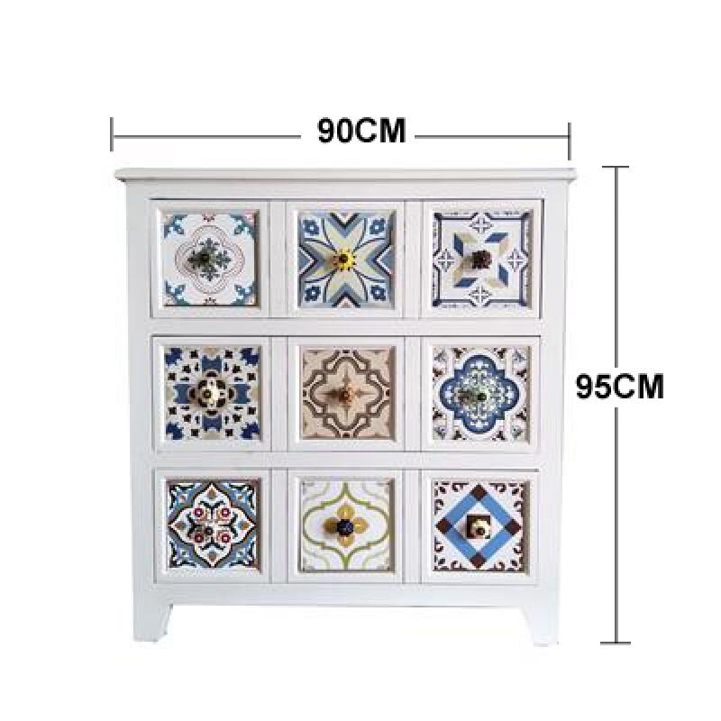 地中海彩绘复古斗柜实木美式田园简约收纳储物卧室客厅玄关柜边柜白色90x35x95整装_3 白色90x35x95