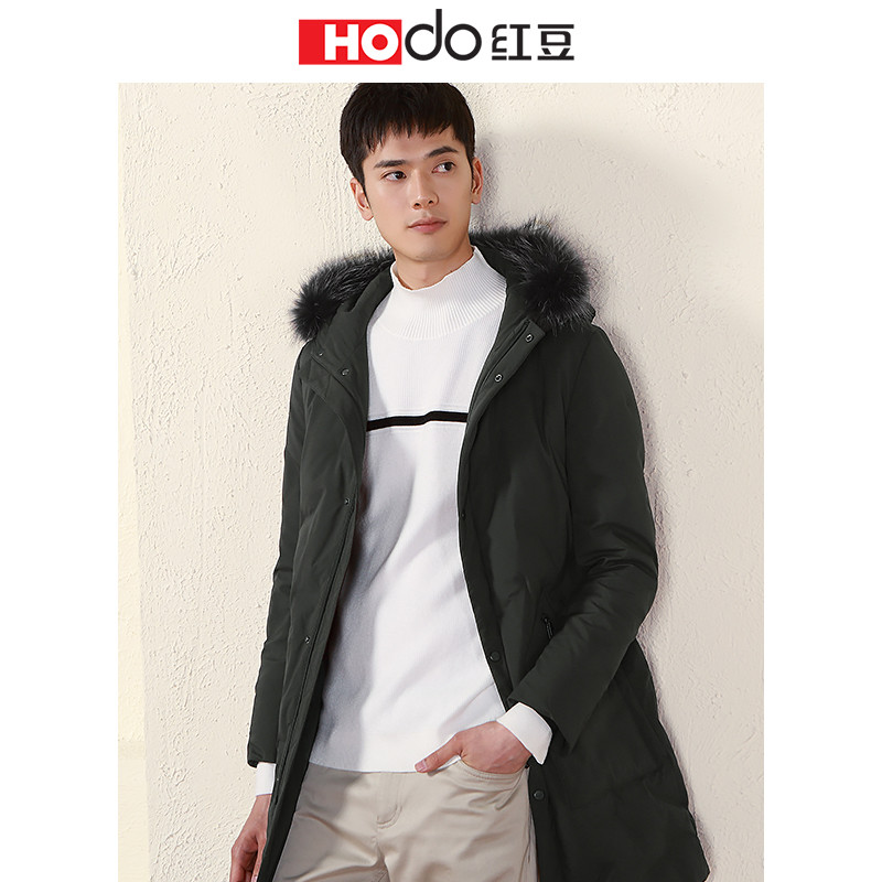 HODO红豆男装冬季羽绒服中长款轻时尚貉子毛男士羽绒服 185/100A G5绿色