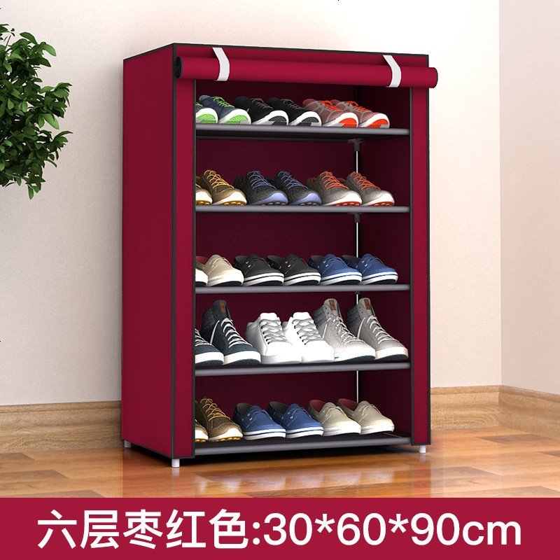 鞋架特价经济型家用家里人省空间钢管组装防尘宿舍男简易鞋柜小号_960_633 6层5格酒红色
