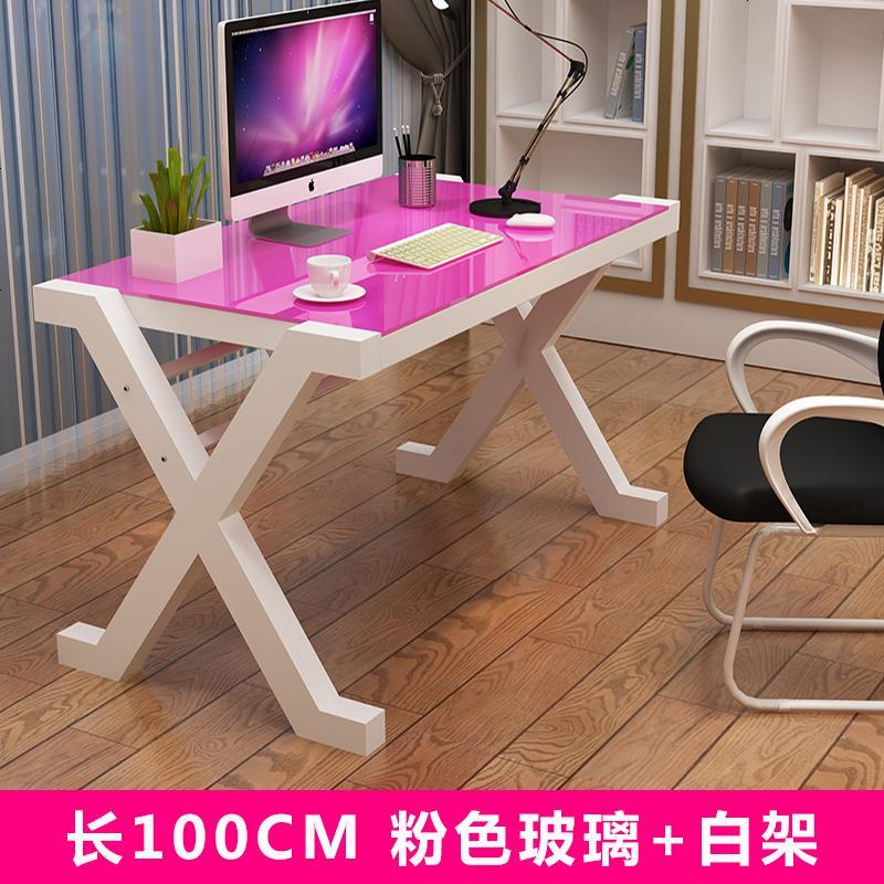 电脑台式桌家用经济型书桌卧室简约现代写字桌钢化玻璃简易办公桌_843_213 白腿粉玻璃100*60