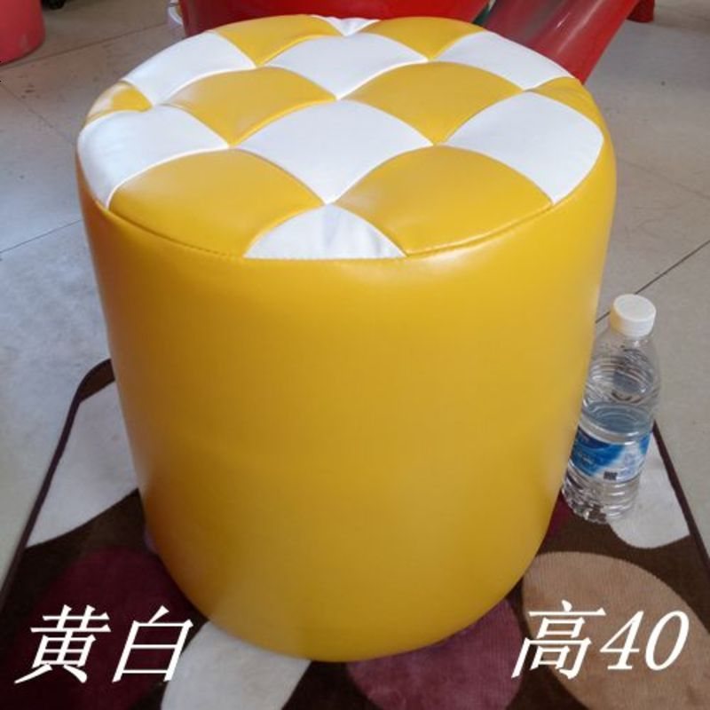 大方格皮墩子穿换鞋櫈沙发蹬矮屁蹲小梳妆礅茶几椅搁脚登圆皮凳子_565_157 荧光黄_40高黄白