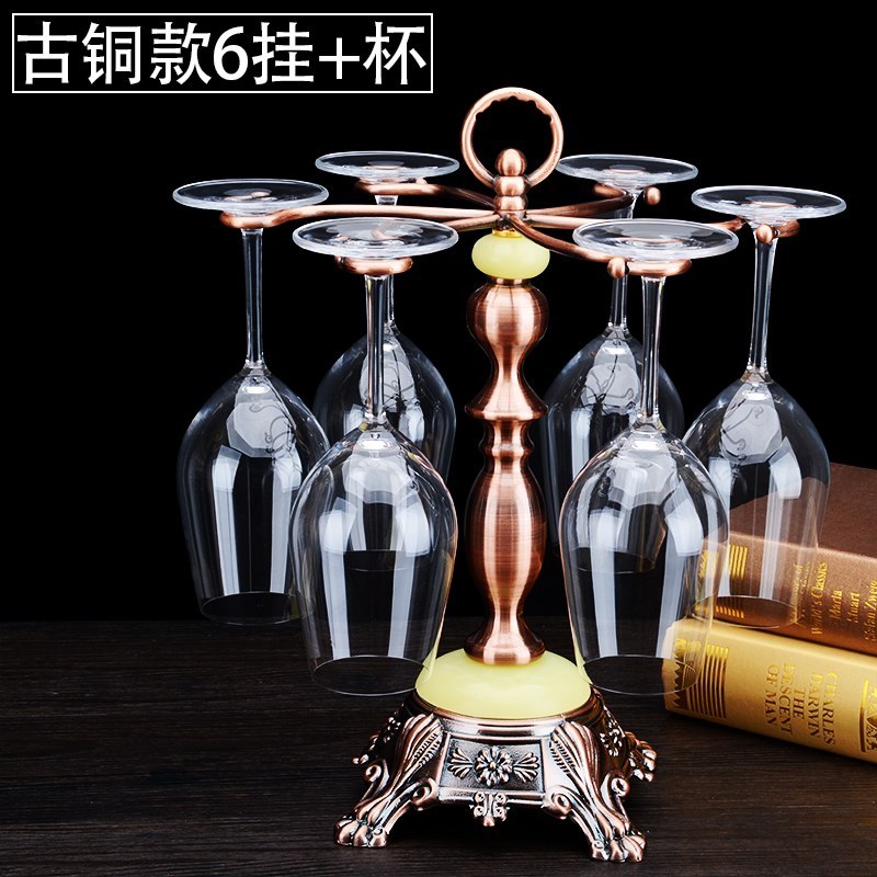 创意酒架红酒杯架摆件欧式客厅倒挂杯架子葡萄酒杯 高脚杯 酒杯架_72_974 高档六头古铜杯架（配杯）