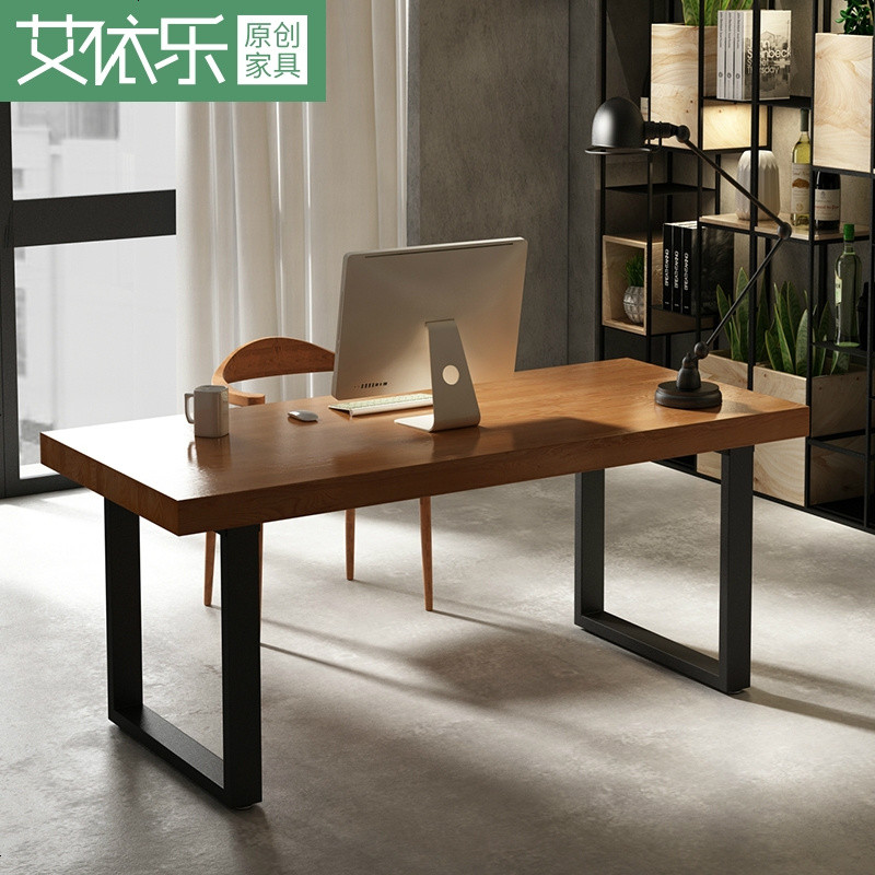美式LOFT铁艺实木台式电脑桌会议桌书房书桌椅组合实木简约办公桌 桌160*70*75CM_木5CM