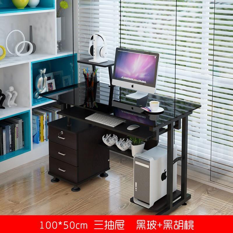 钢化玻璃电脑电脑桌桌卧室家用简约现代经济型书桌简易电脑桌1. 1米三抽屉黑透明玻璃