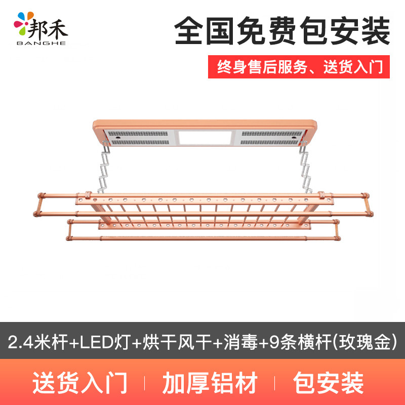电动晾衣架 阳台升降晾衣杆折叠智能遥控晒衣架自动挂衣架晾晒架 928G2.4米杆+LED灯+烘干风干+消毒+9条横杆(玫瑰