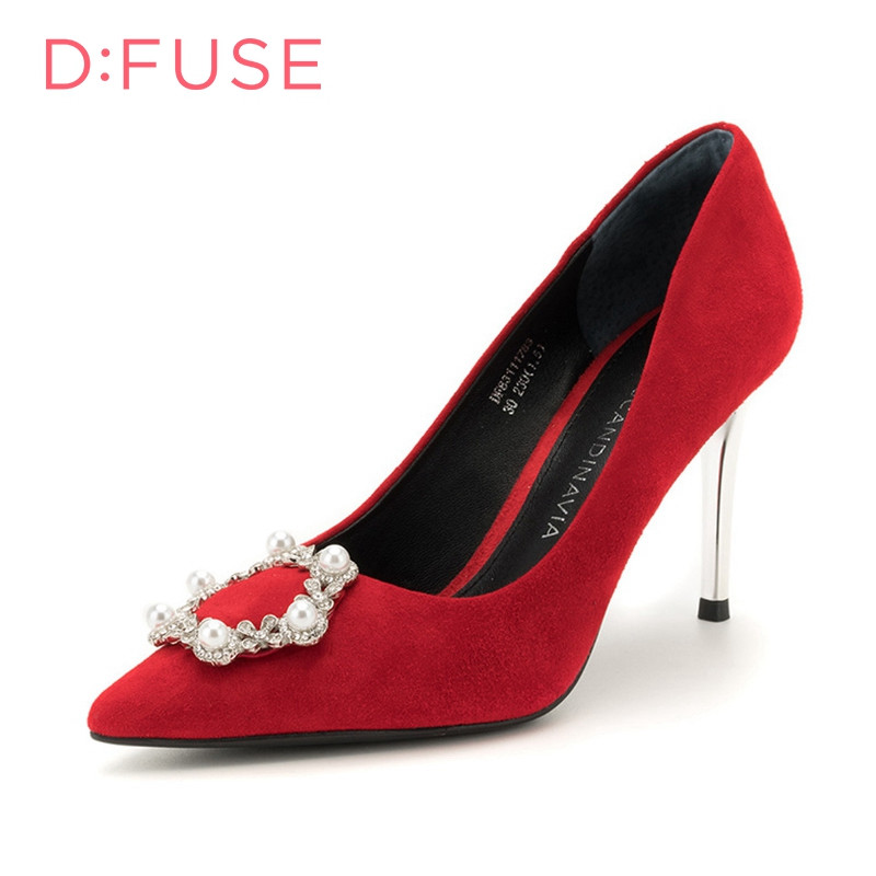 迪芙斯(D:fuse)绒面羊皮革金属饰扣尖头高跟细跟时尚单鞋女DF83111783 红色 35码