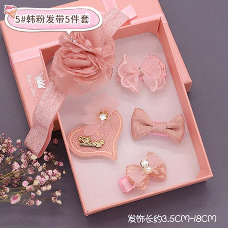 儿童发夹女皮筋韩版发卡夹子头饰小卡子bb夹皇冠宝宝百搭头饰简约清新小女孩配饰 4#韩粉发带5件套装礼盒装