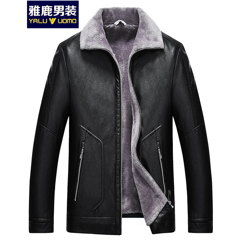 雅鹿男装加绒加厚中年冬季保暖皮衣外套爸爸装 18601 185/XXL 黑色