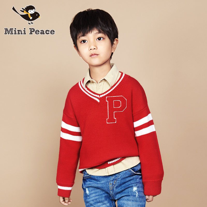 minipeace男童针织衫秋装鸡心领毛衣条纹袖儿童上衣春秋2018新款 110cm(110=110/56) 橘红色