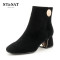 星期六(ST&SAT)绒面羊皮革金属装饰圆头中跟粗跟时尚短靴女SS84116614 黑色 37码