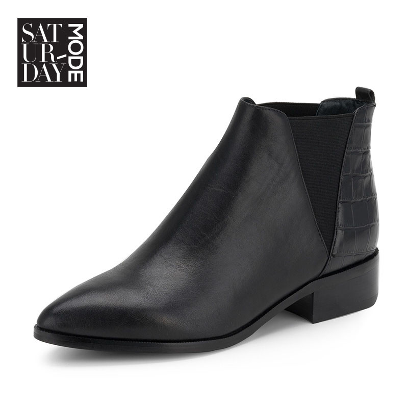SATURDAYMODE 牛皮革尖头中跟粗跟时尚切尔西短靴女MD63112406 黑色 37码