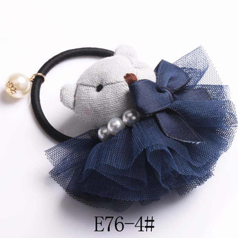 亲子发饰头花橡皮筋儿童韩版简约小清新可爱头绳女童中小学生头饰小孩子发圈发饰 浅灰熊(蓝裙）