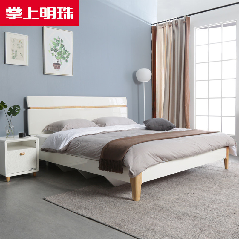 掌上明珠家居 新款现代简约白色亮光烤漆床1.5/1.8米板式单双人大床卧室床头柜 1.8床