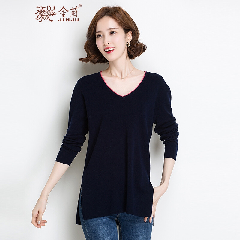 金菊秋季新款女士100%纯羊毛毛衣女v领长袖羊毛衫中长款毛衣宽松显瘦打底衫 95/M 藏青