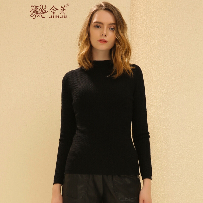 金菊女装2018冬季新款女士纯羊毛毛衣修身显瘦羊毛衫女半高圆领毛衣长袖套头打底衫女 黑色 95/M