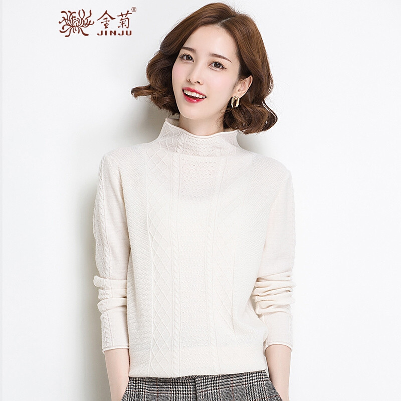 金菊秋季新款女士纯羊毛毛衣女半高领羊毛衫长袖修身打底衫麻花毛衣女 95/M 白色