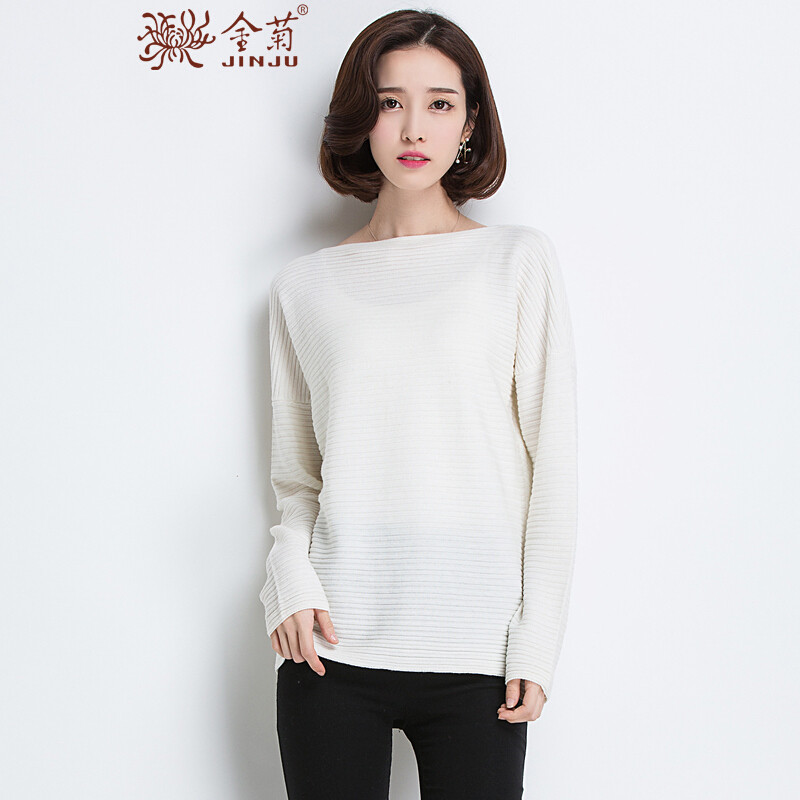 金菊秋冬女装新款纯羊毛一字领羊毛衫韩版宽松毛衣圆领长袖羊毛衫 95/M 白色