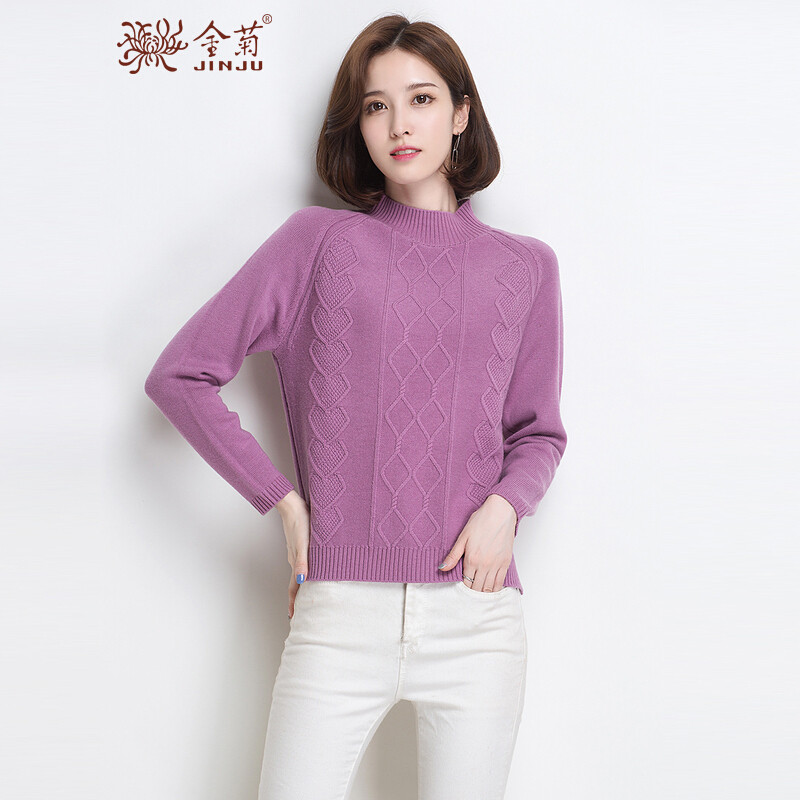 金菊2018秋冬新款女士纯羊毛毛衣修身显瘦打底衫女半高领羊毛衫女款长袖针织上衣女 M 粉紫