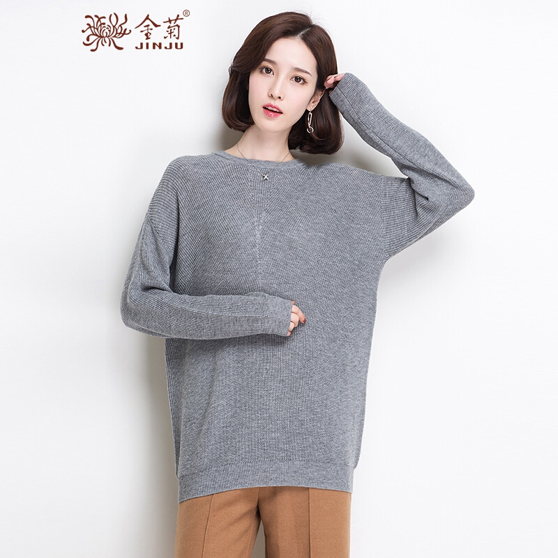 金菊纯羊毛衫女套头中长款新款秋冬季纯色圆领宽松针织打底衫 95/M 灰色