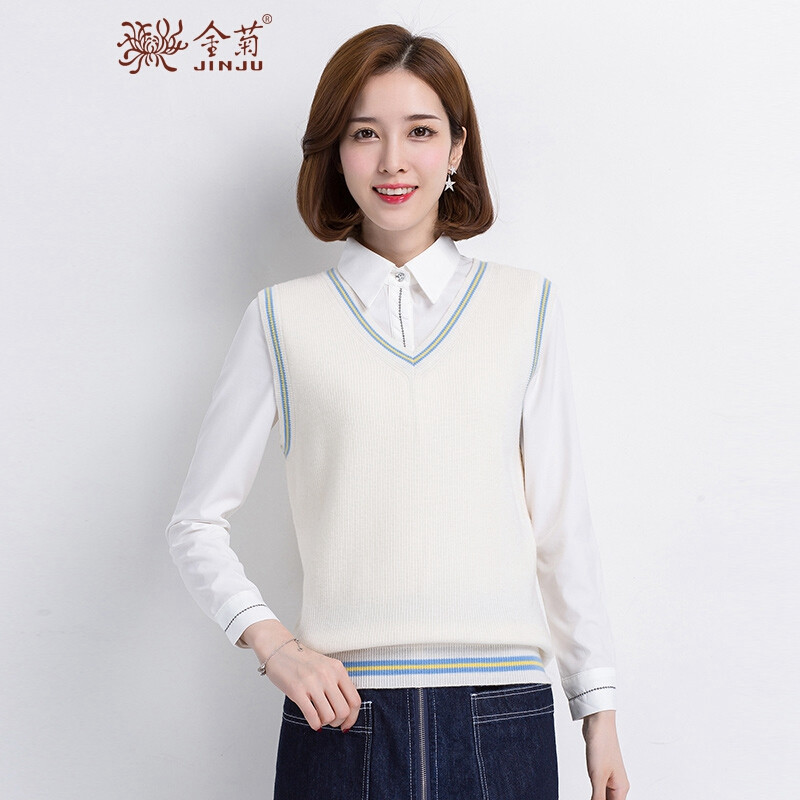 金菊春季女士毛衣马甲背心时尚拼色宽松百搭羊毛衫女v领套头短款毛衣女 白色 XL
