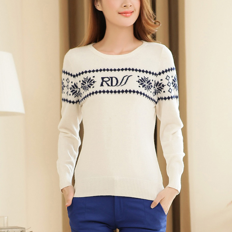 法兰貂新品女套头低圆领羊绒衫多图案特价款简约常规毛衣BF1114/00200 乳白色 M