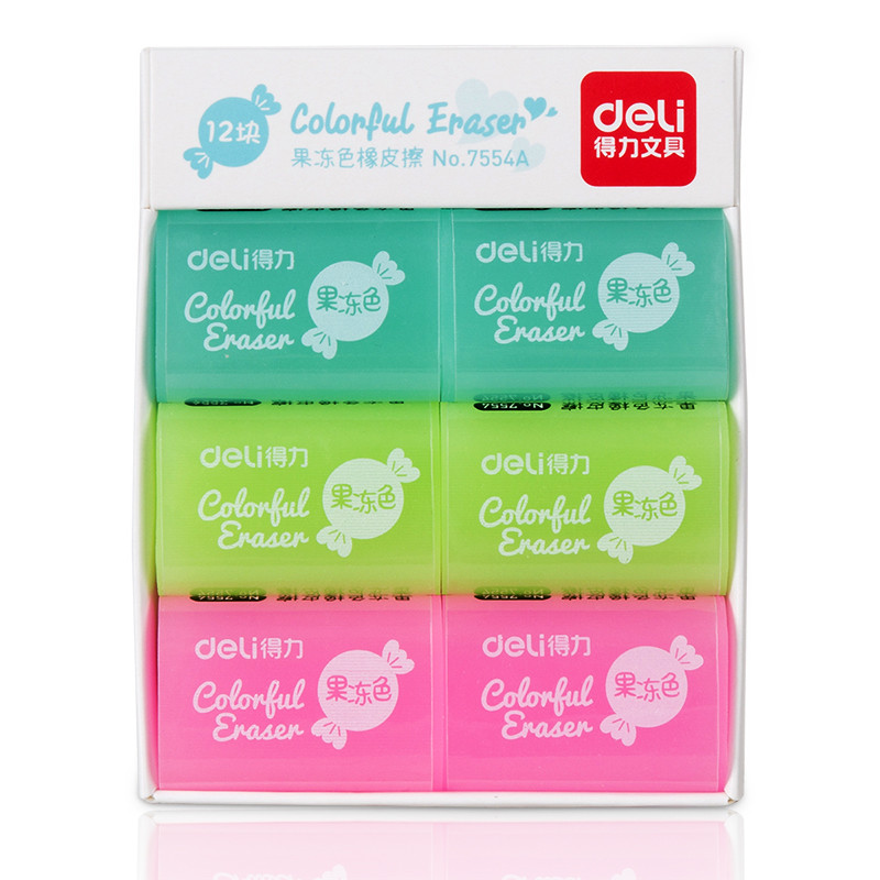 得力7554A橡皮擦果冻色彩色考试橡皮擦糖果色学生美术文具个性水果橡皮12块/盒 单盒装