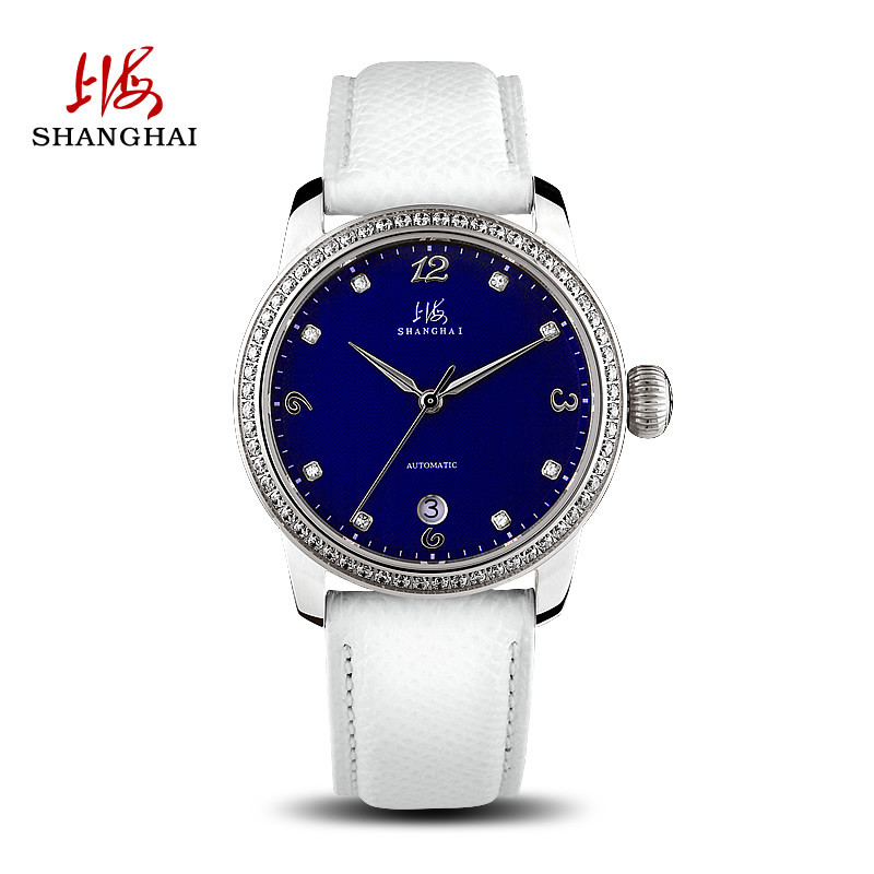 上海手表女三针日历系列时尚女士机械表 镶钻女表自动机械女士手表802 白钢蓝面