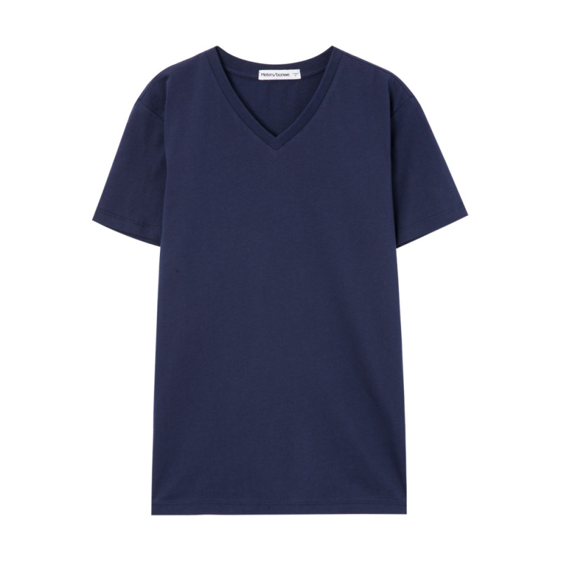 美特斯邦威短袖T恤男士舒适纯色V领半袖打底衫韩版学生体恤男潮流 190/108B 深军蓝