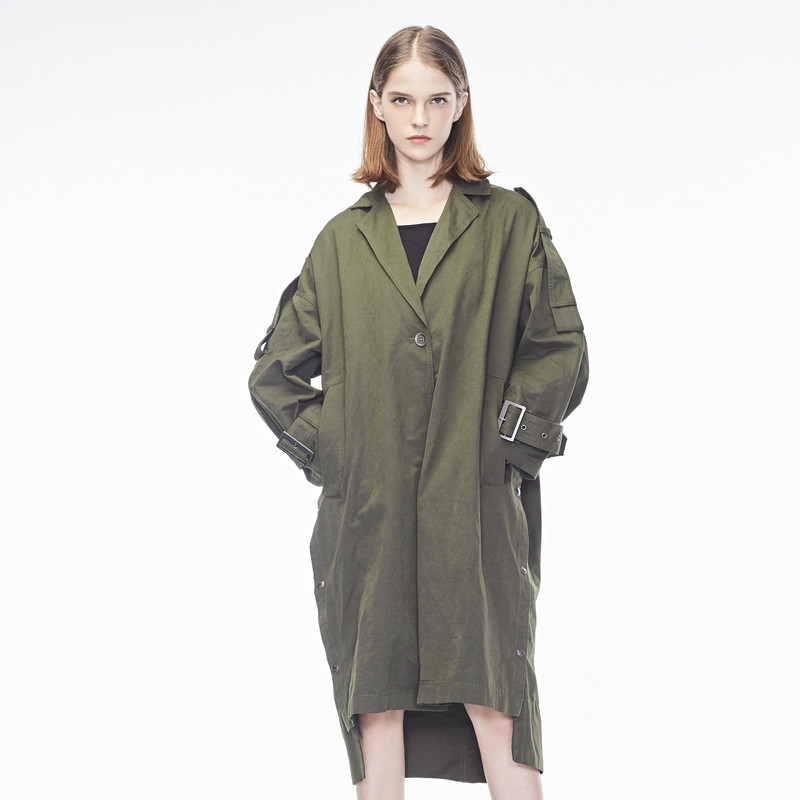 sdeer圣迪奥2018秋装新款军绿下摆开衩飘带长款风衣外套 S-XL 军绿/86