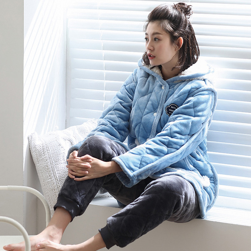 南极人女士加厚夹棉睡衣（水蓝连帽） M 水蓝连帽